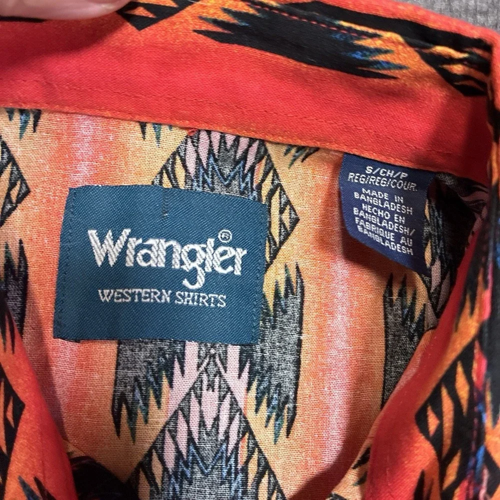 Wrangler Retro Aztec Shirt Mens‎ Small Orange Pearl Snap Western Cowboy Crazy